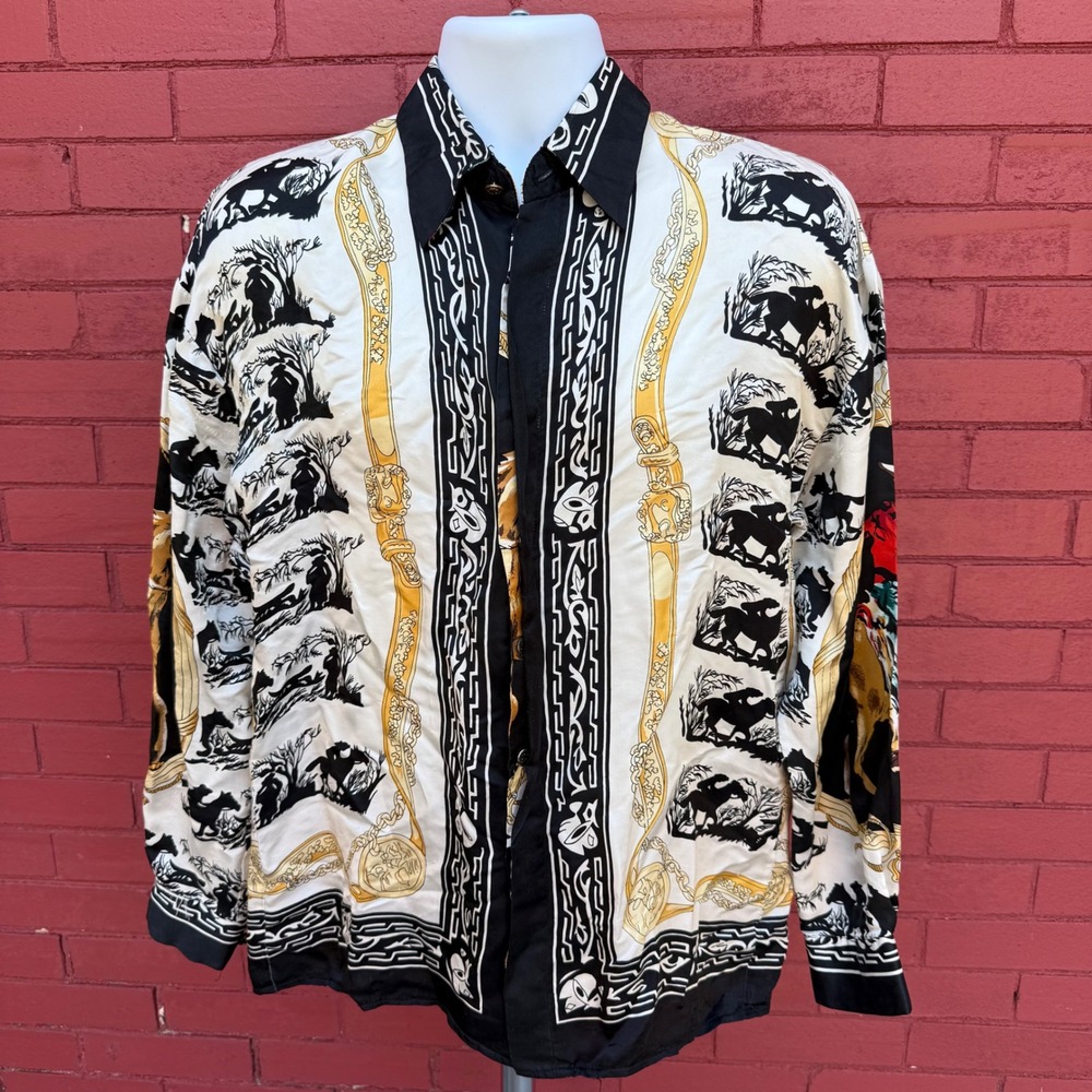 Onyx Mens Silk Button Down Shirt Small White Black Gold Western Cowboy Horse